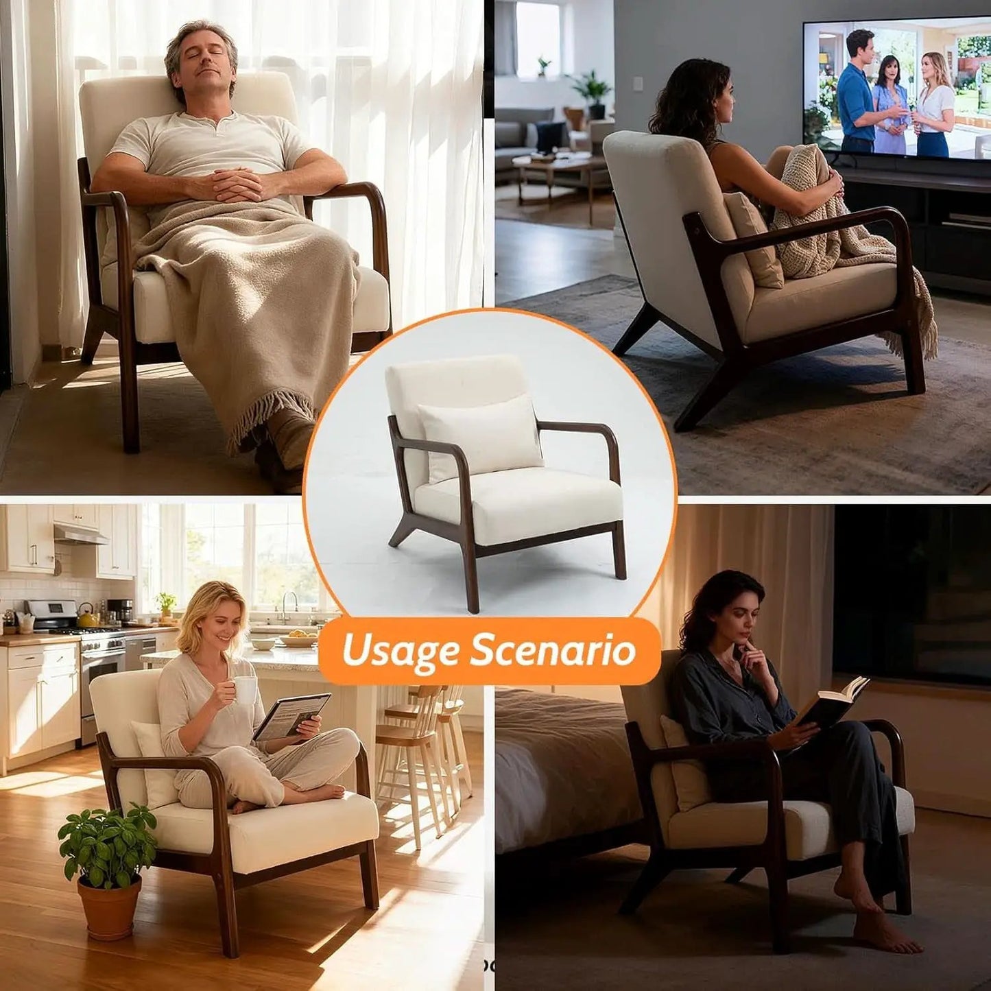 White Linen Upholstered Armchair With Premium Wood from PriceLows™