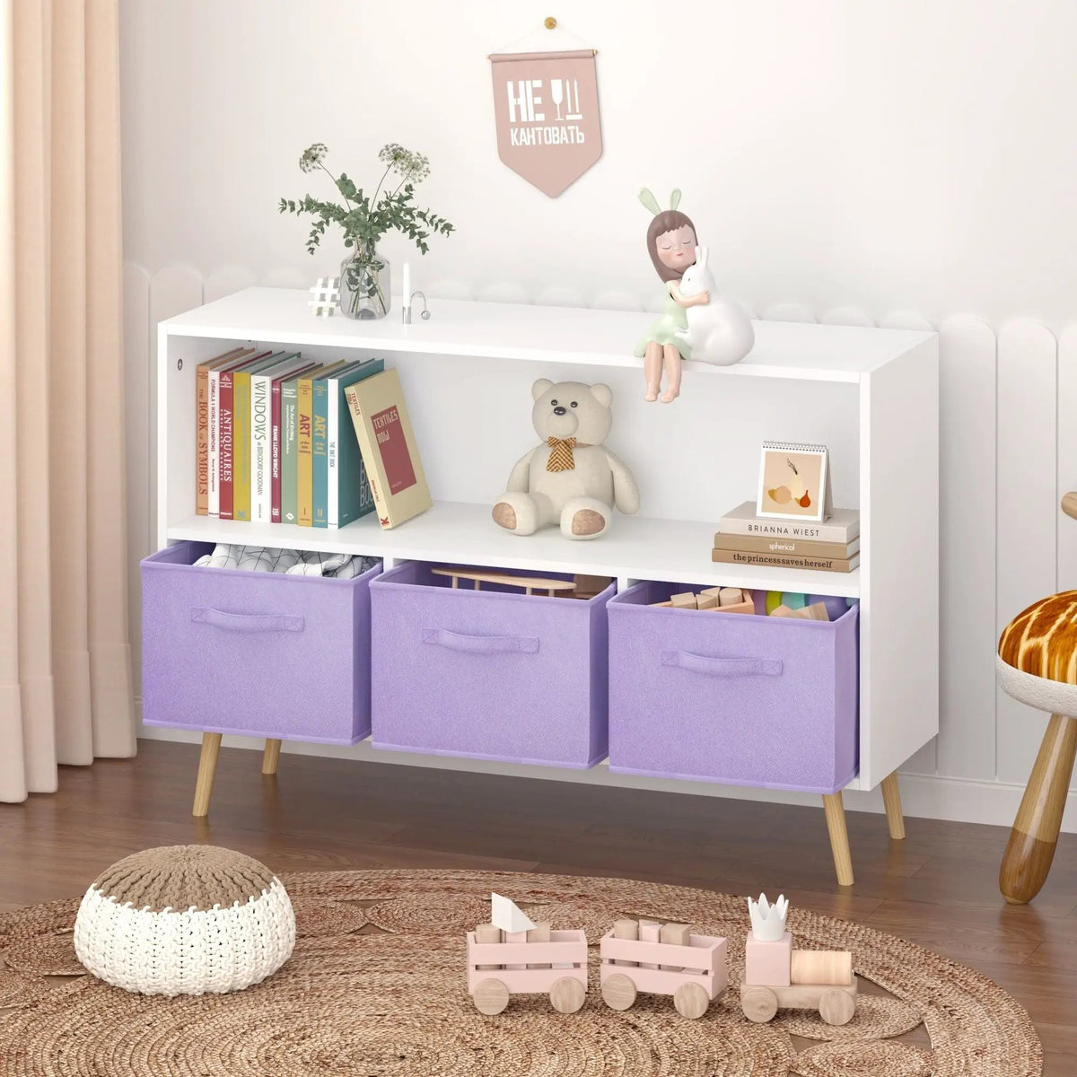 Bookcase With Collapsible Drawers | Three Fabric Drawers | Tip-Over Restraint | Book Display Organizer