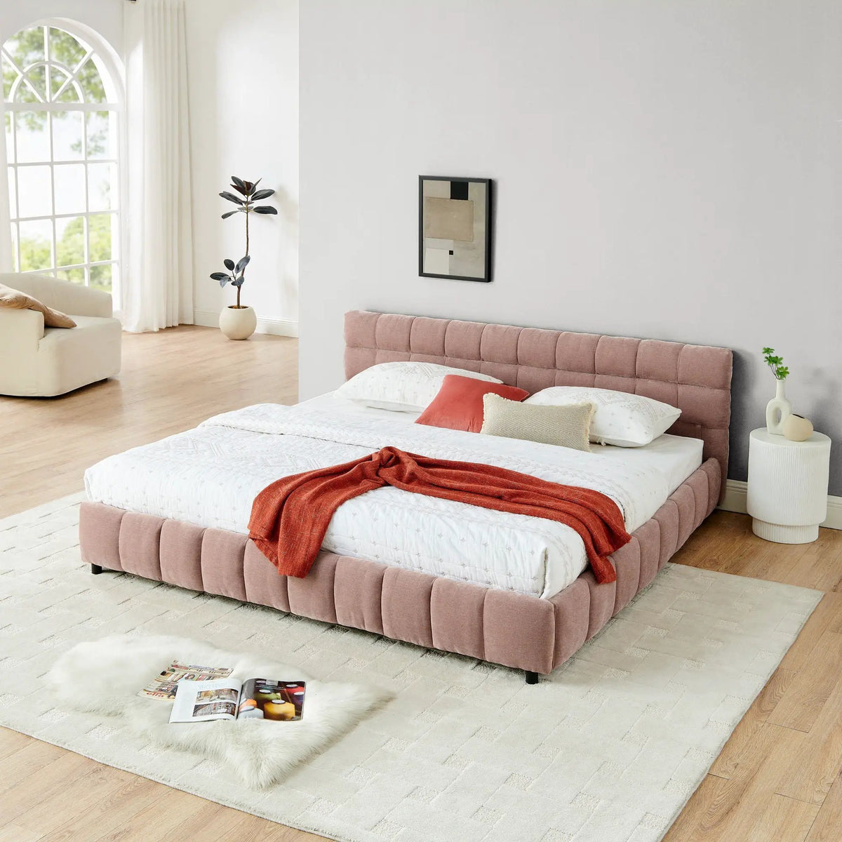Modern Platform Storage Bed Frame | Thick Fabric Upholstery | Soft Headboard | Solid Construction