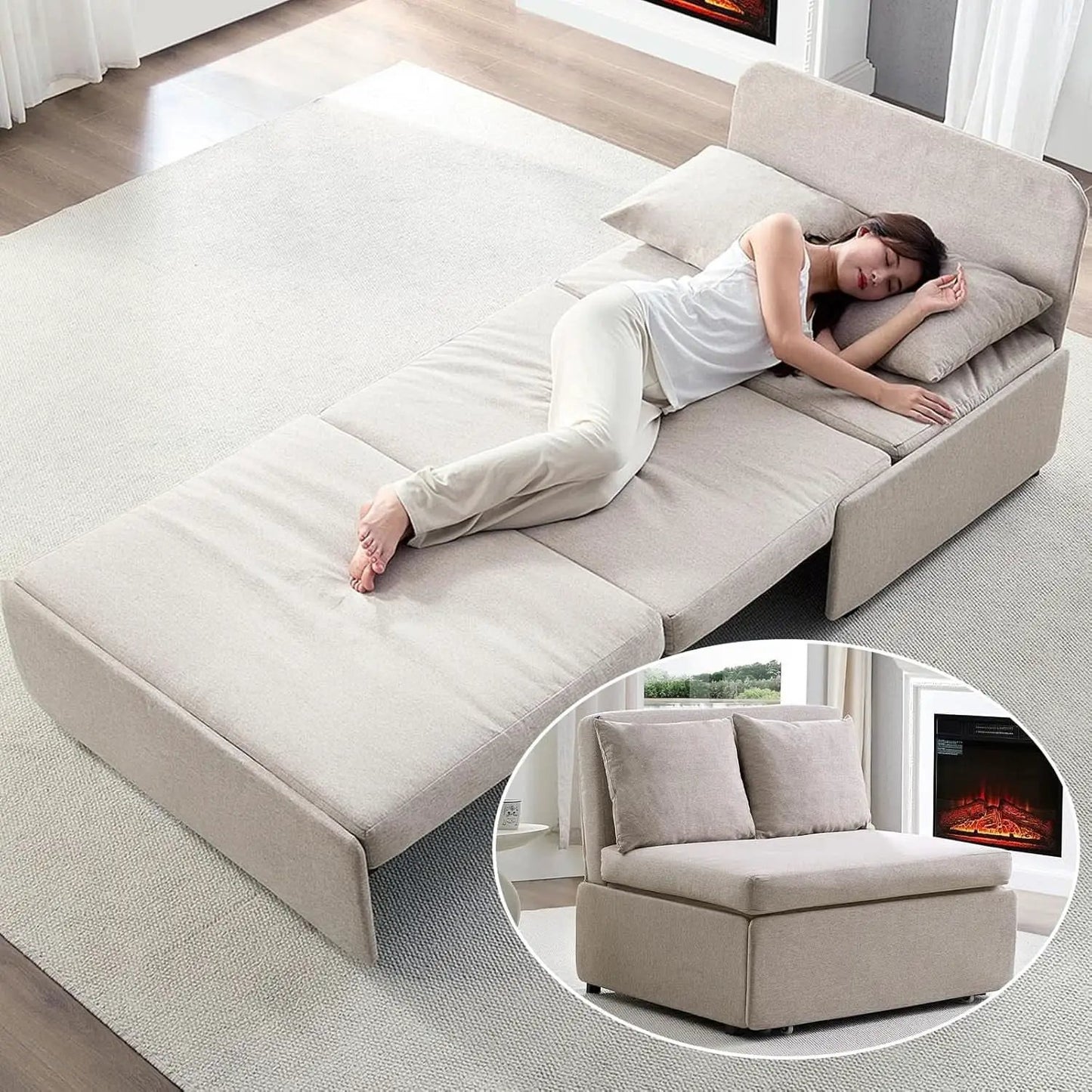 Twin Size Premium Convertible Sofa Bed Sleeper Beige from PriceLows™