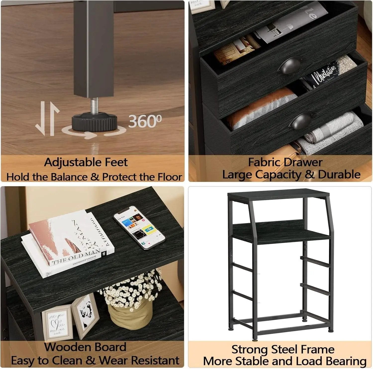 Black Night Stand With 3 Fabric Drawers And 2 Tier Shelf from PriceLows™