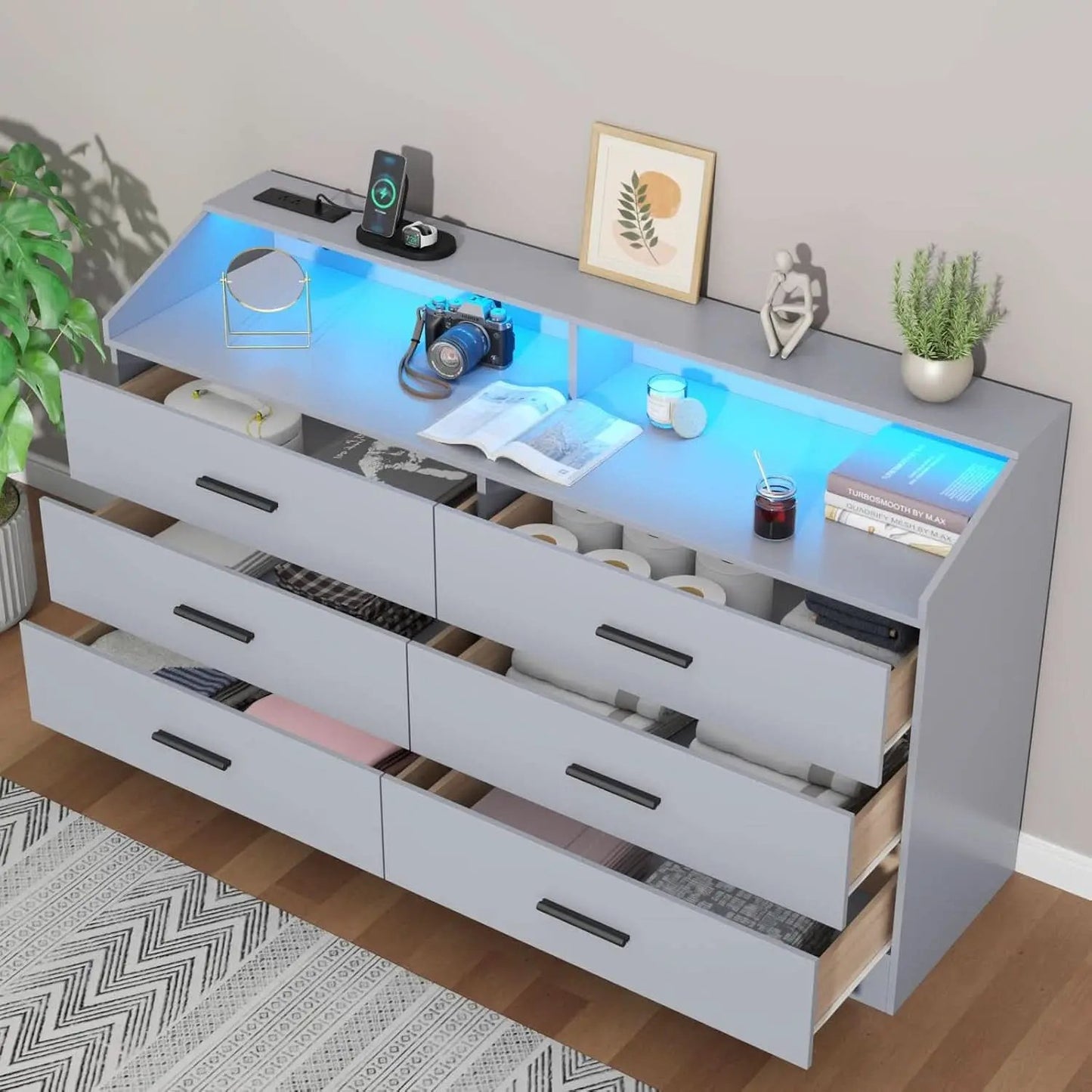 Grey Six Drawer Dresser With Power Outlet And USB Ports from PriceLows™