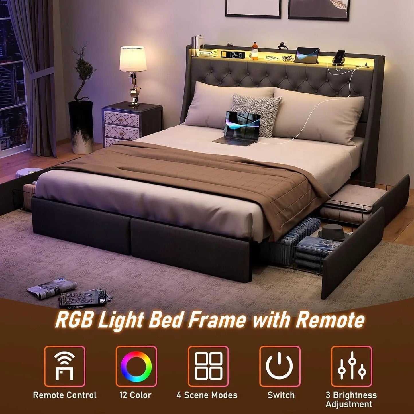 Queen Bed Frame With Storage Headboard LED Lighting from PriceLows™