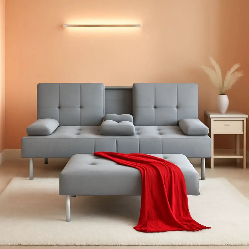 Gray Linen Modern Folding Futon Sofa Bed With Armrests from PriceLows™