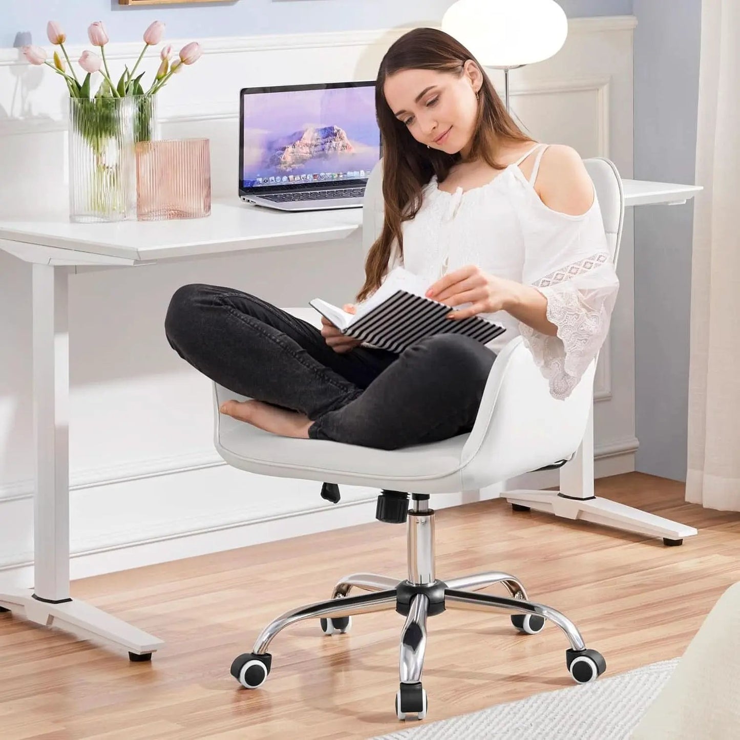 Ergonomic Faux Leather Office Chair White Adjustable from PriceLows™