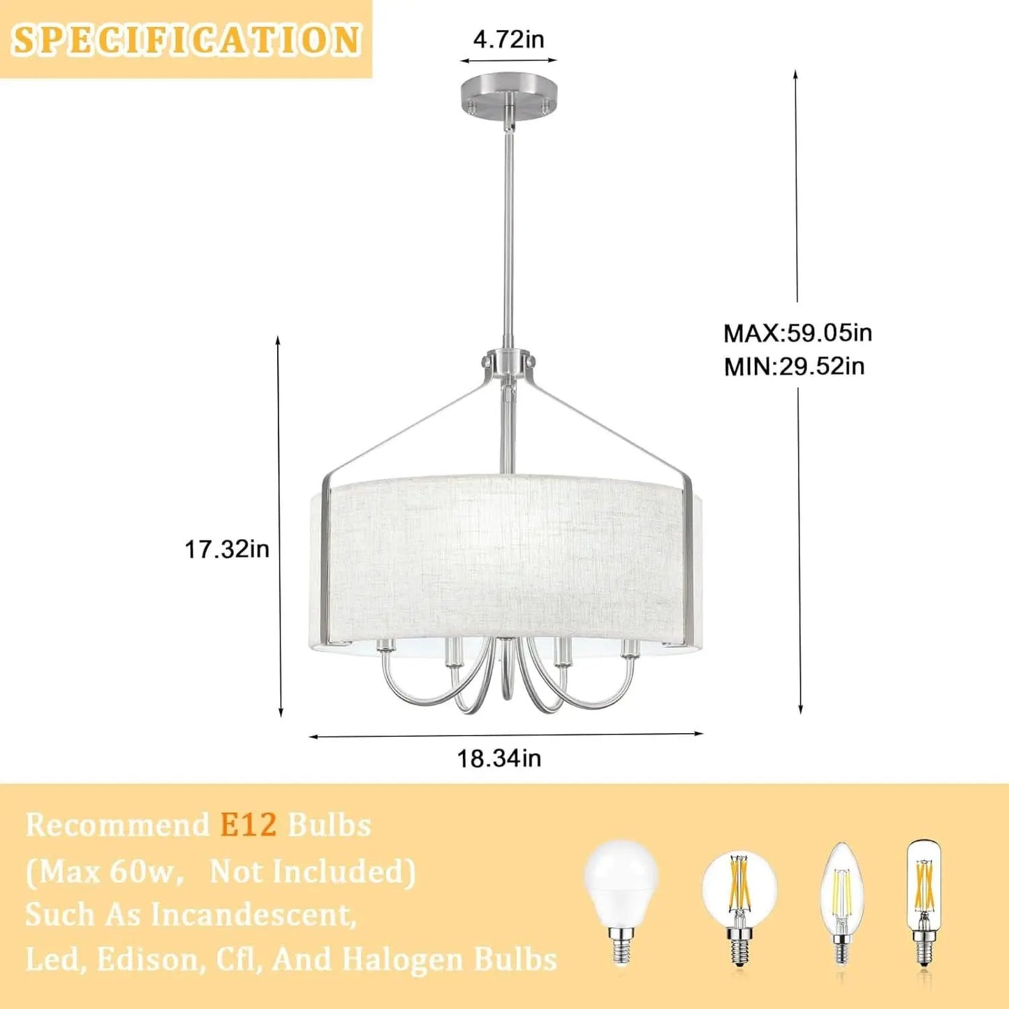5 Light Drum Chandelier 18 Inch Brushed Nickel Fixture from PriceLows™