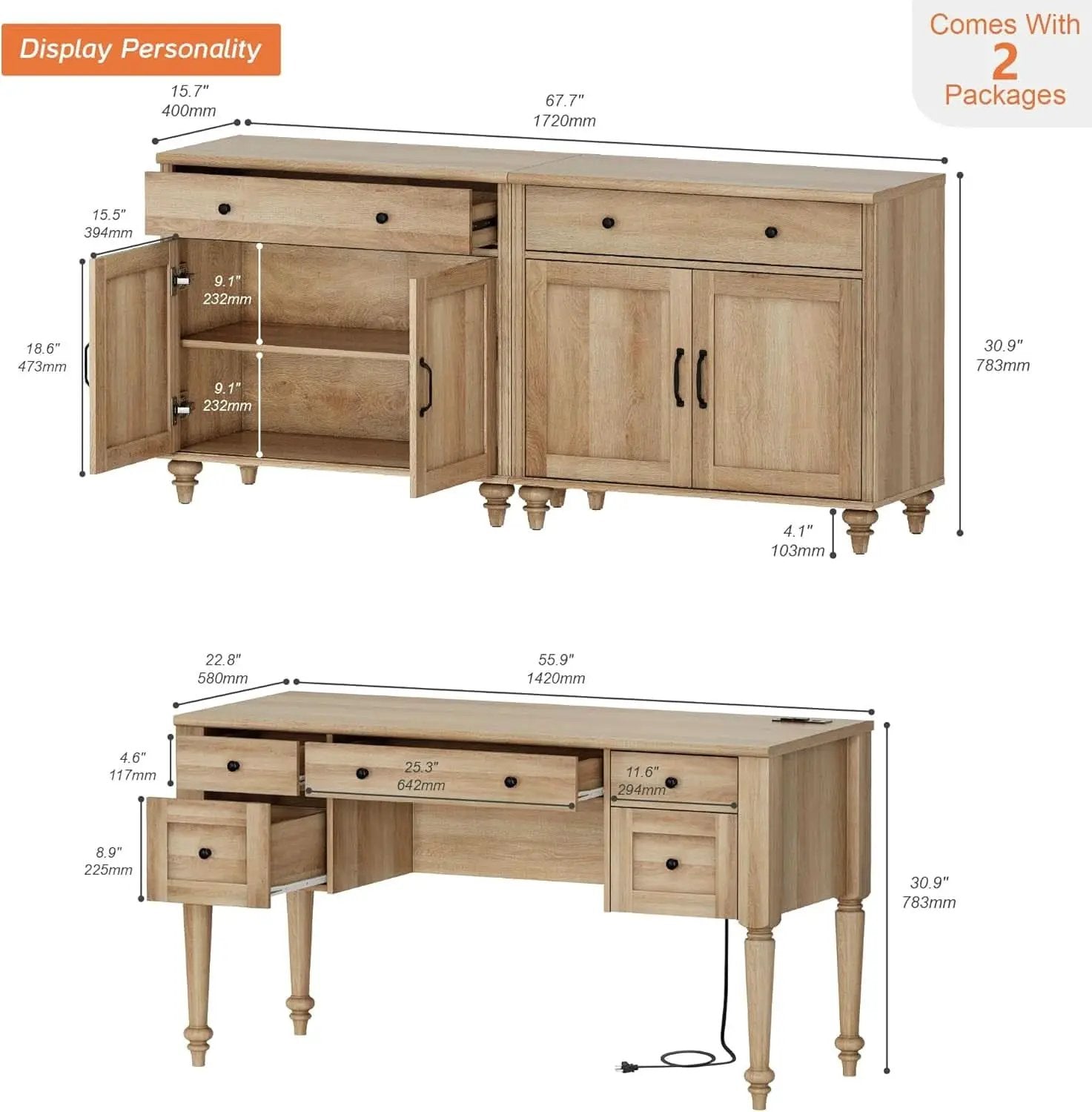56 Inch Oak Executive Desk With Integrated Charging System from PriceLows™