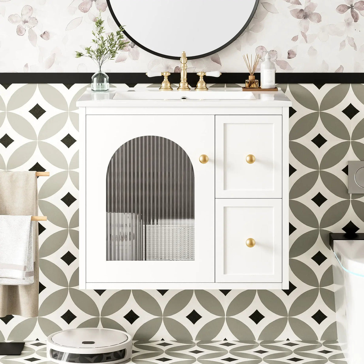 Wall-Mounted Bathroom Vanity Set | Sink Included | 2 Drawers | Soft-Close Glass Door Cabinet