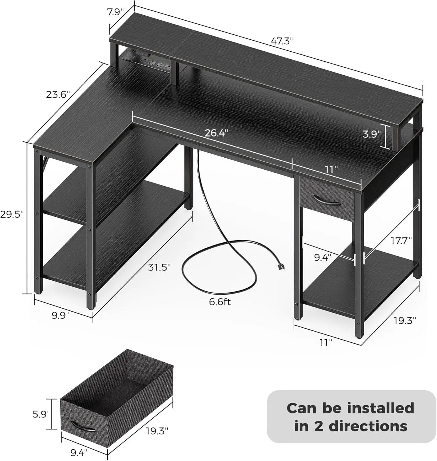 47 Inch L Shaped Desk With LED Lighting And Power Outlets from PriceLows™