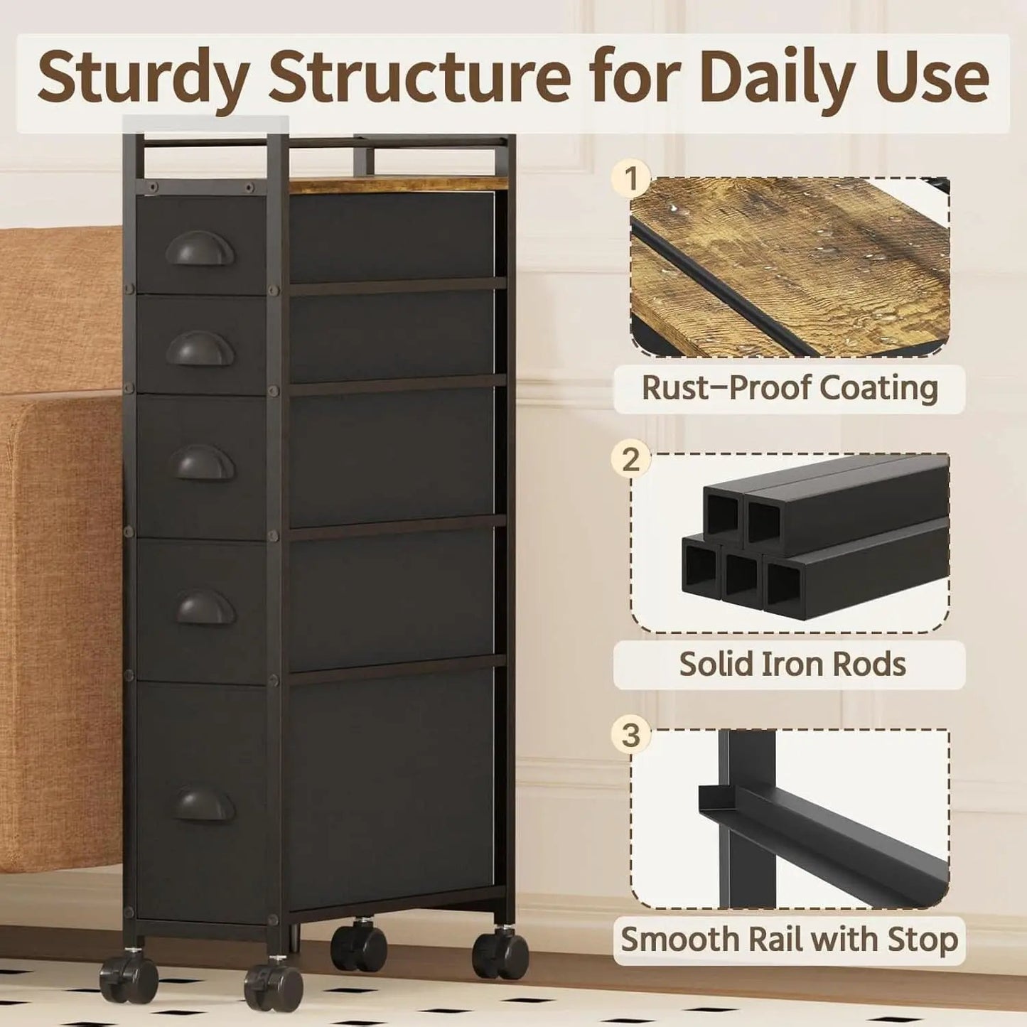 Black SlimStorage Narrow Five Drawer Dresser On Wheels from PriceLows™