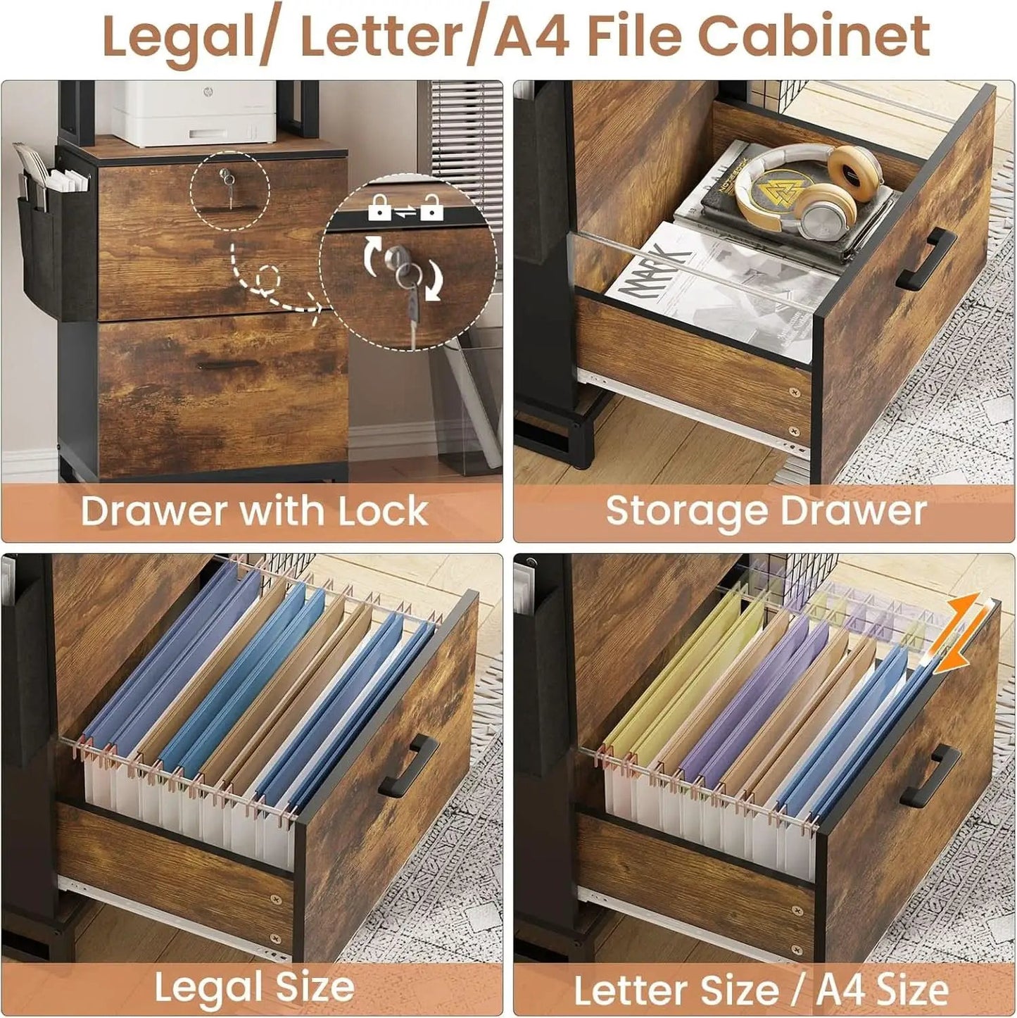 2 Drawer File Cabinet With Lock Rustic Brown For Letter Legal A4 Hanging File Folders Adjustable Shelf from PriceLows™