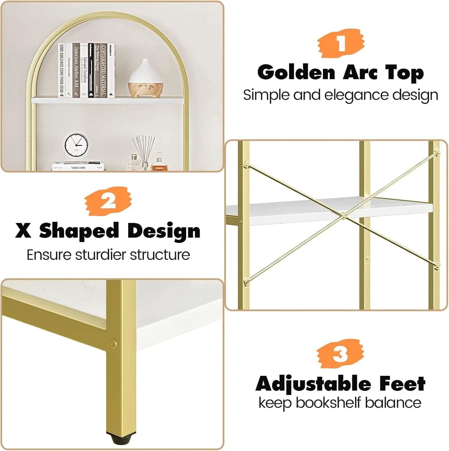 5 Tier Bookshelf Arched Display White Gold Metal Frame Bookcase from PriceLows™