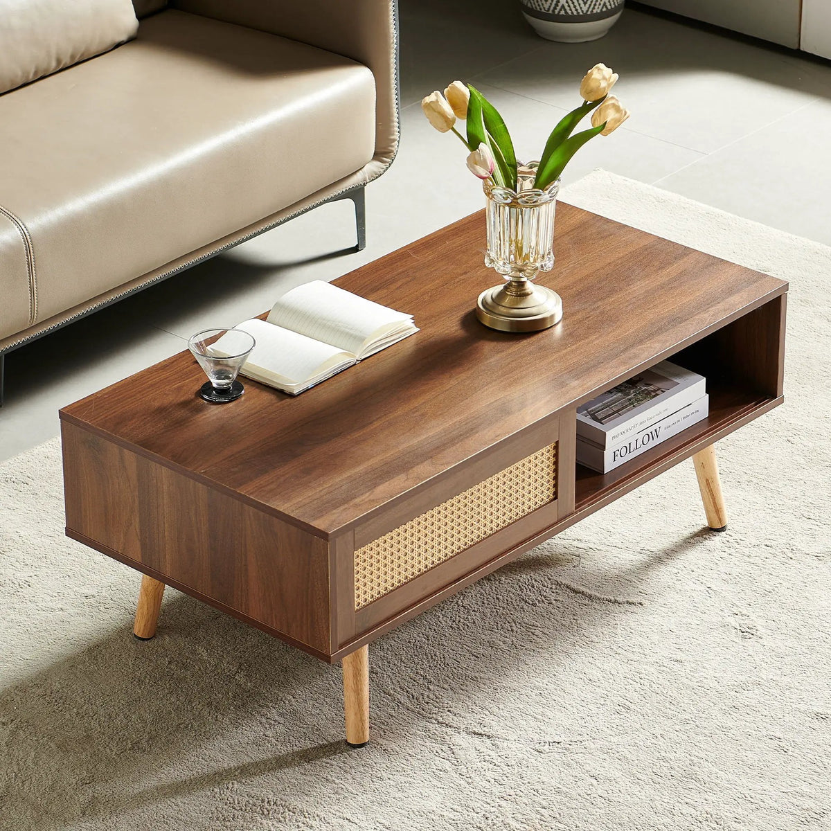 Rattan Coffee Table | 41.34 Inch Width | Sliding Storage Door | Solid Wood Legs