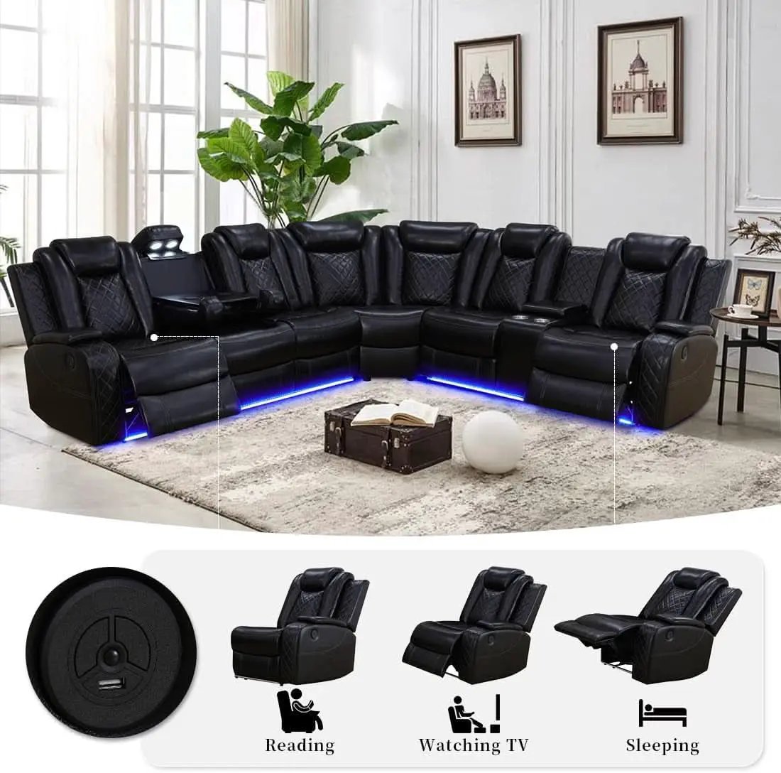 Black Leather Power Recliner Living Room Set With Cup Holders from PriceLows™