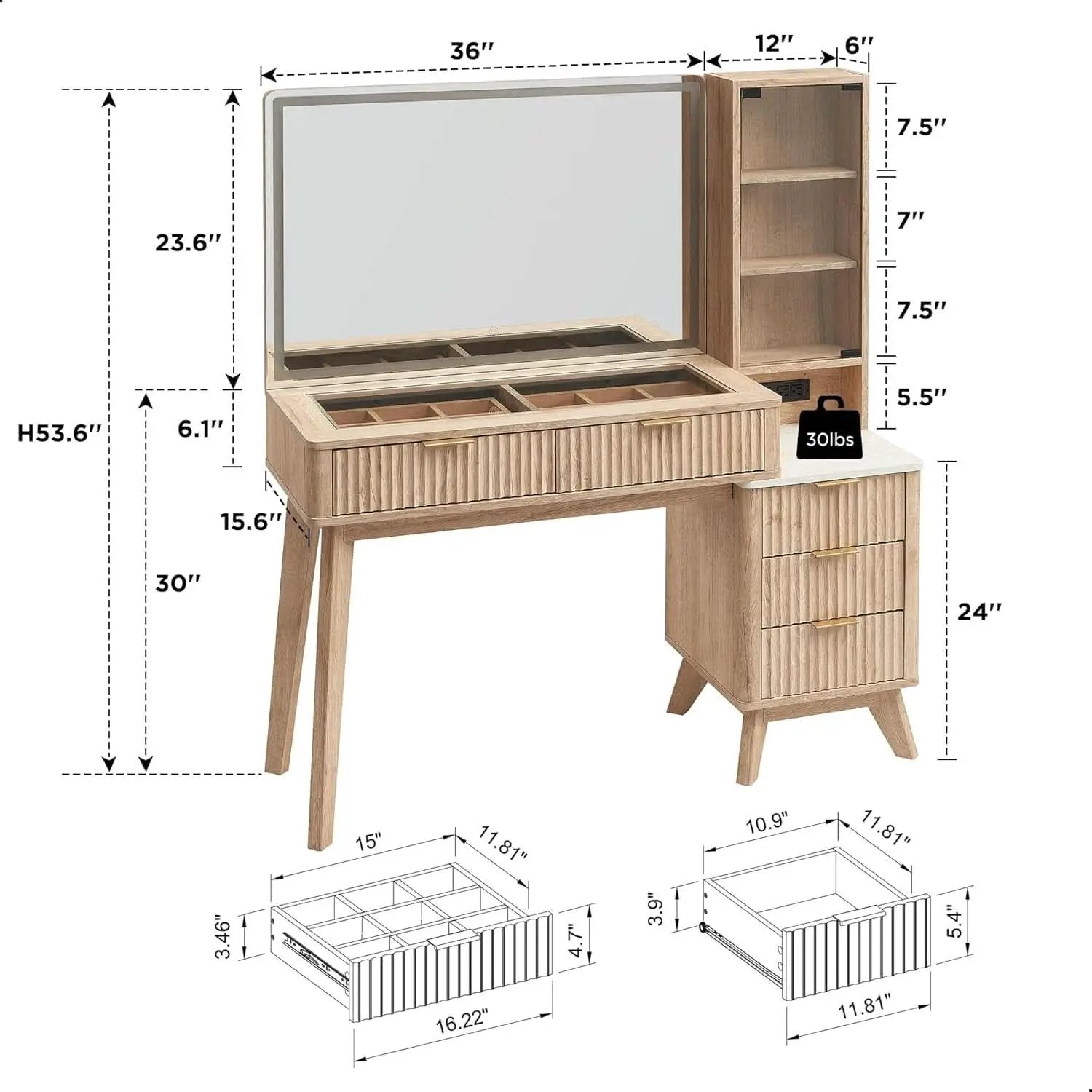 Oak Fluted Makeup Vanity 48 Inch With Lighted Mirror from PriceLows™