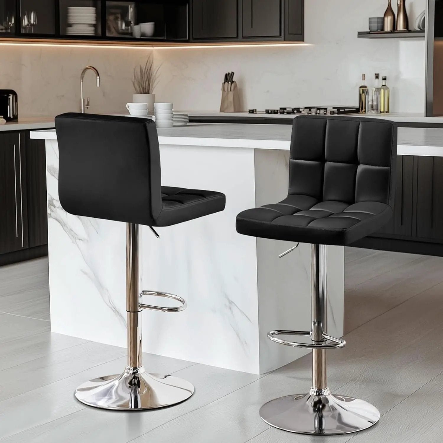 Set Of 2 Adjustable Black PU Leather Swivel Bar Stools from PriceLows™