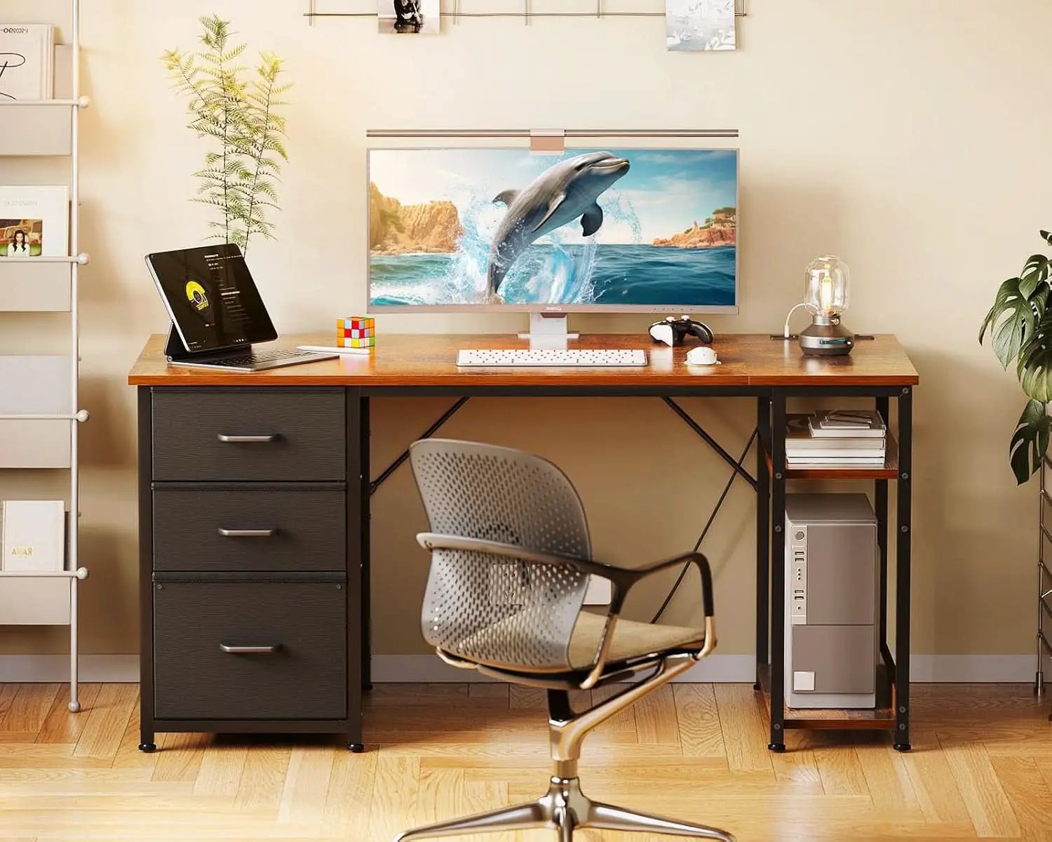 51 Inch Computer Desk With USB Outlets And Fabric Drawers from PriceLows™