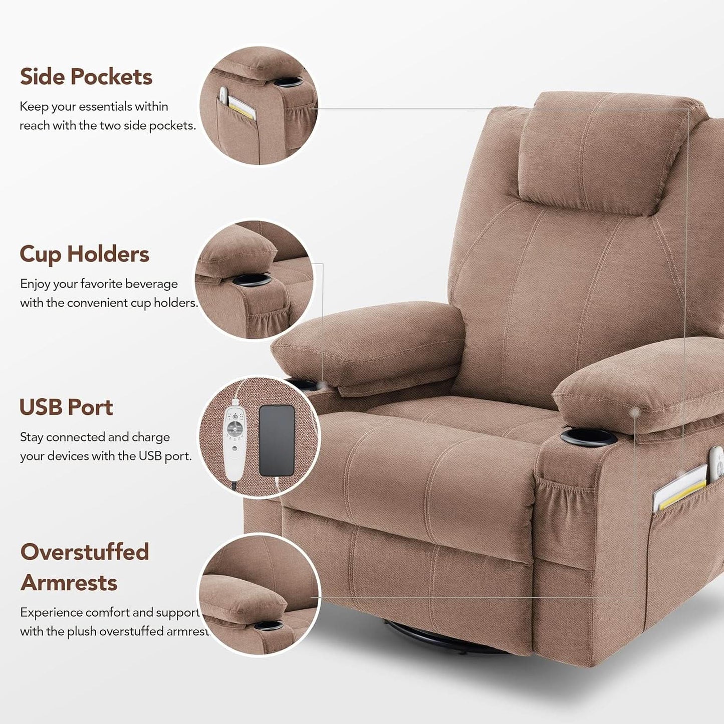 Oversized Swivel Rocker Recliner Chair With Heat Massage USB Port Brown Fabric from PriceLows™