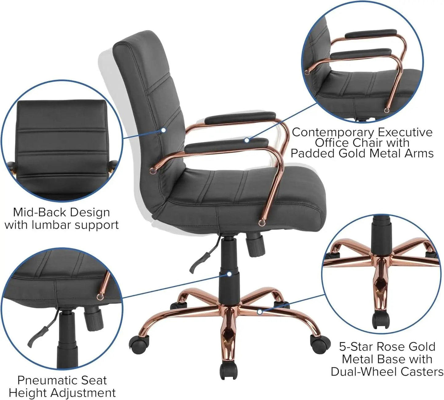 Whitney Mid Back LeatherSoft Desk Chair With Adjustable Height Black Rose Gold from PriceLows™