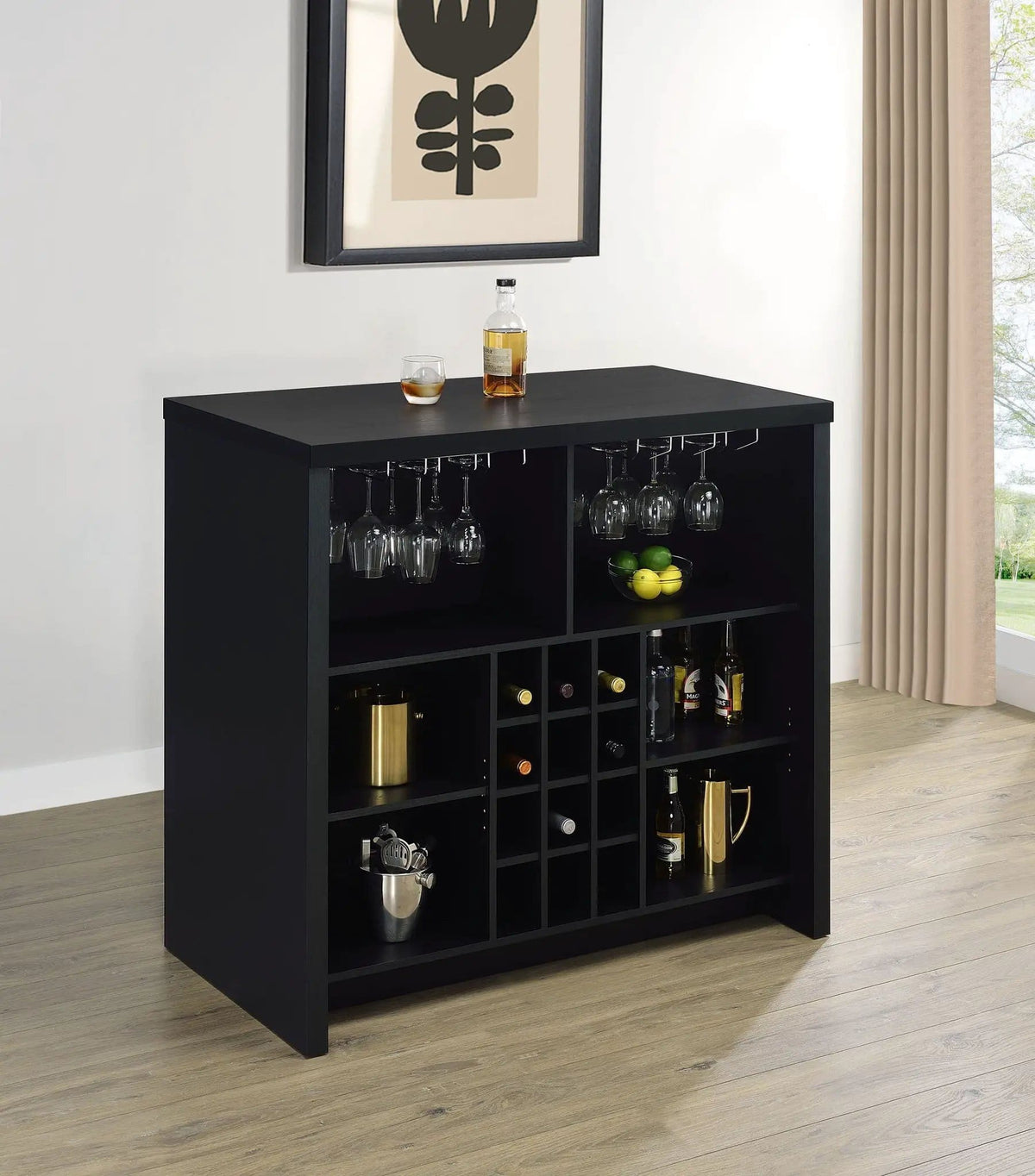 Topanga Engineered Wood Freestanding Home Bar | 47.25 x 23.5 x 43.5 in | Engineered Wood & Metal | Black