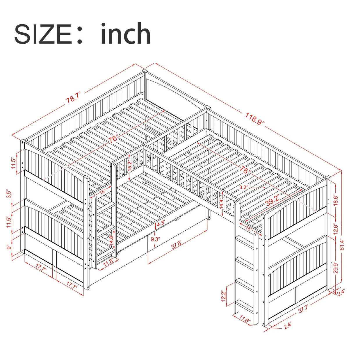 Bunk Bed With Loft | Sleeps 3 | Twin | 2 Underbed Drawers | Built In Stepladder