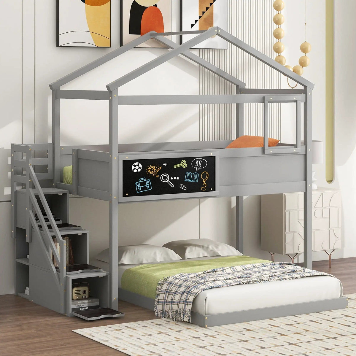 House Style Bunk Bed With Storage Staircase And board | 2 Pieces | Pine Wood | Bedroom