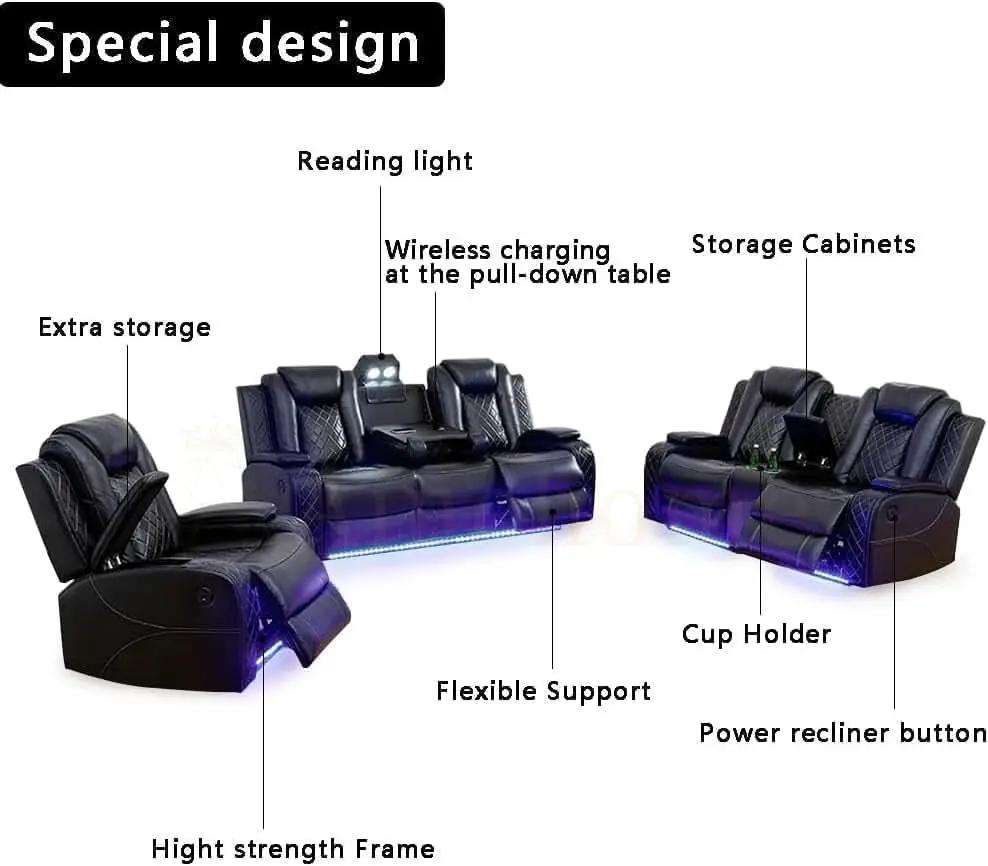 Black 3Piece Power Recliner Sofa Set With LED Light from PriceLows™