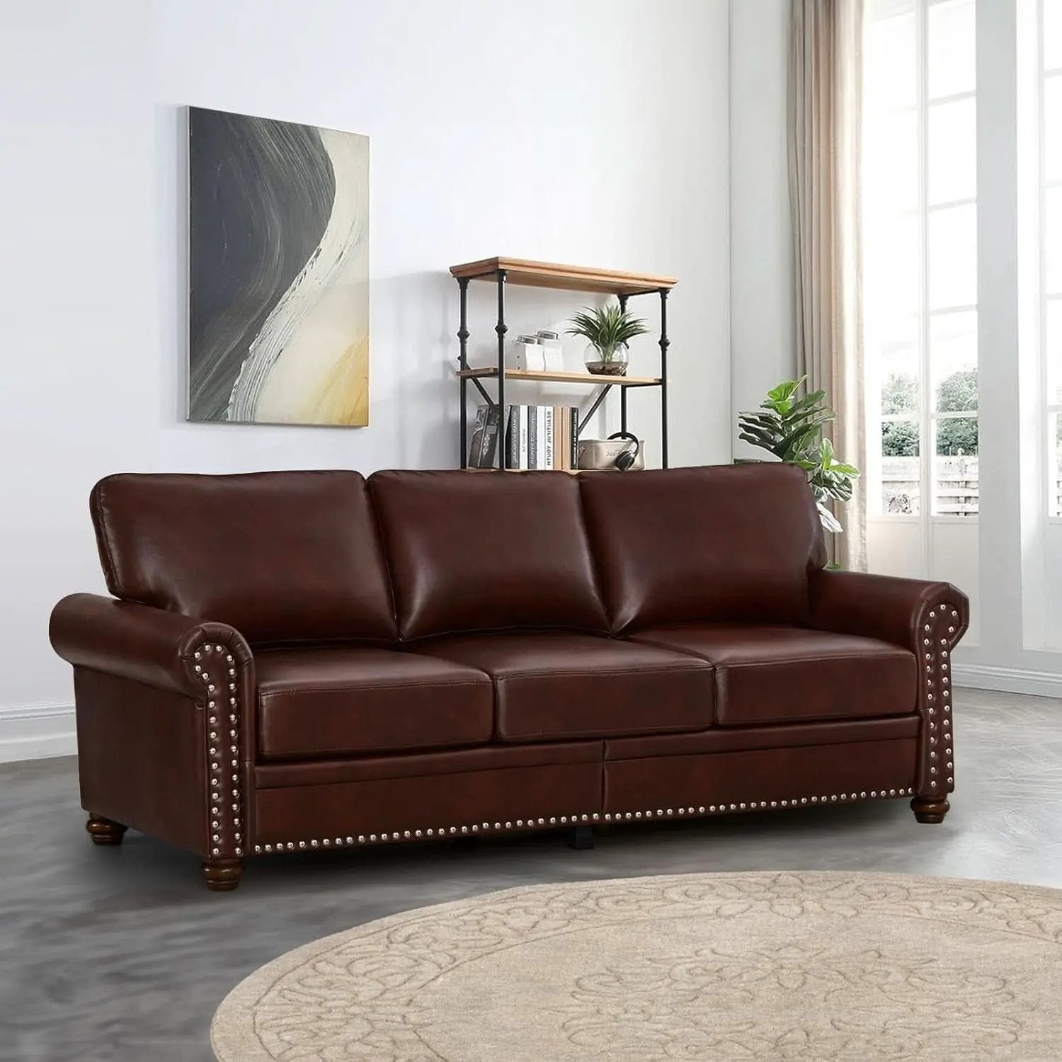 3 Piece Faux Leather Sofa Set With Storage In Burgundy Mid Century Modern Living Room from PriceLows™