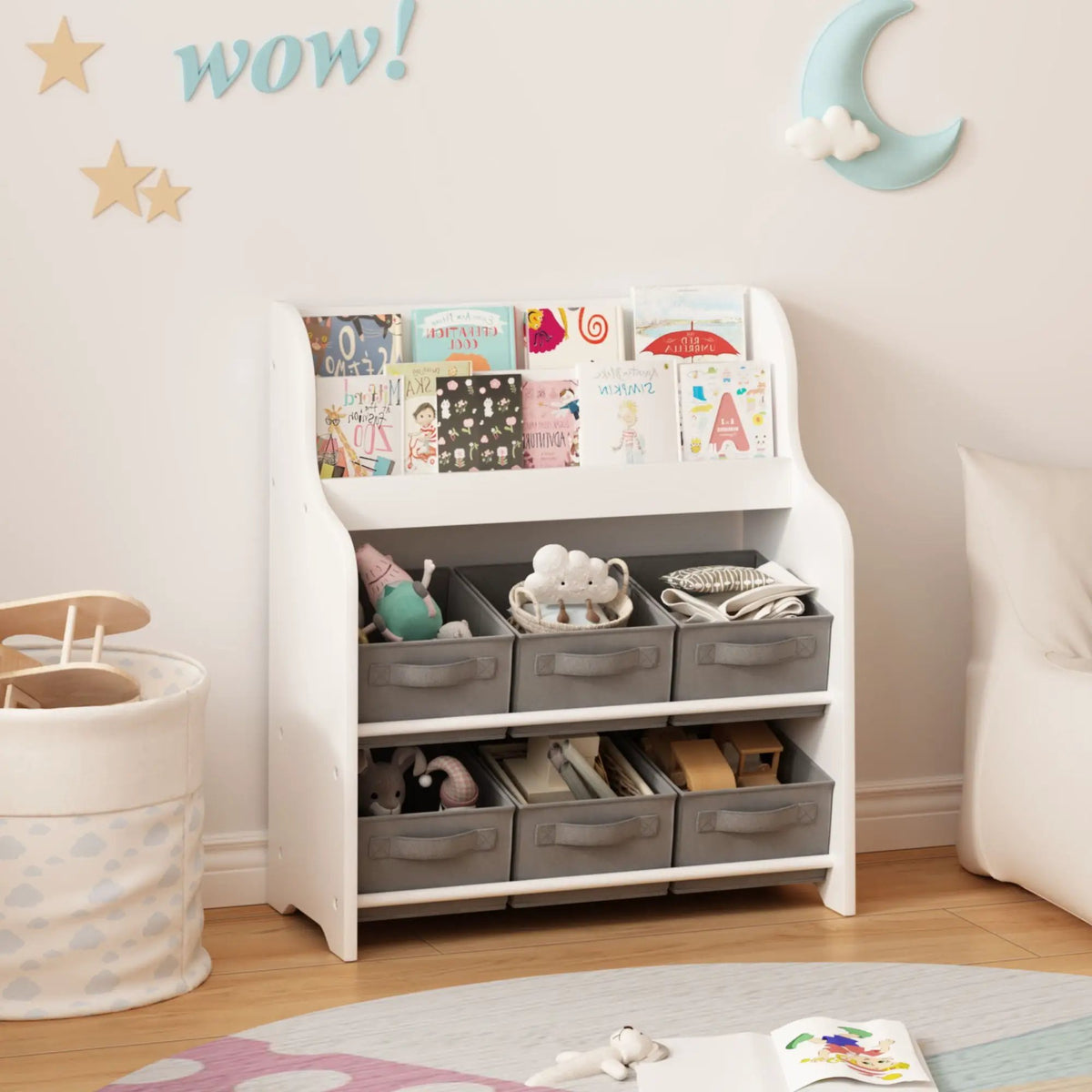 Bookshelf | 3 Open Shelves | 6 Storage Bins | White