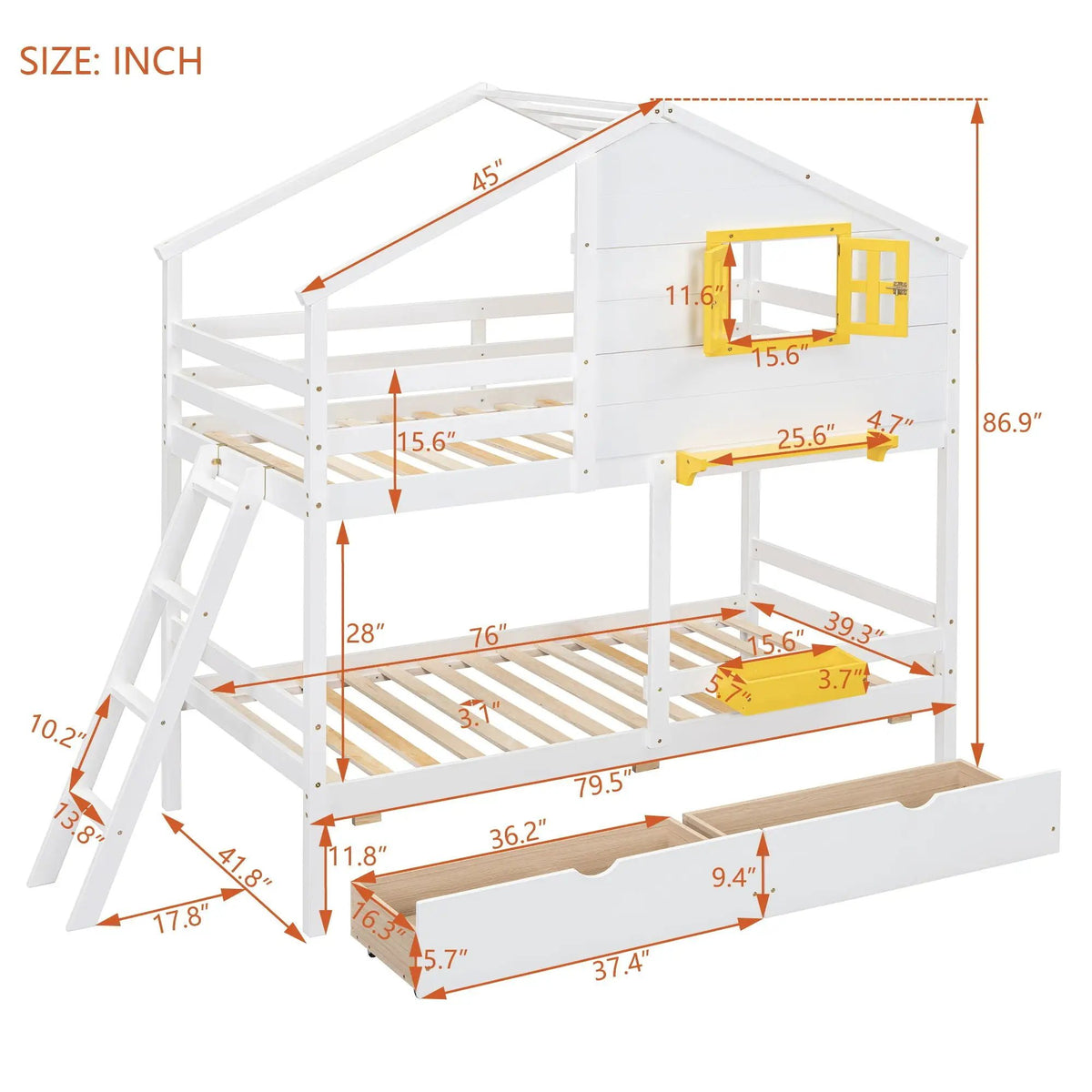 Bunk Bed | Pitched Playhouse Roof | Integrated Storage Drawers