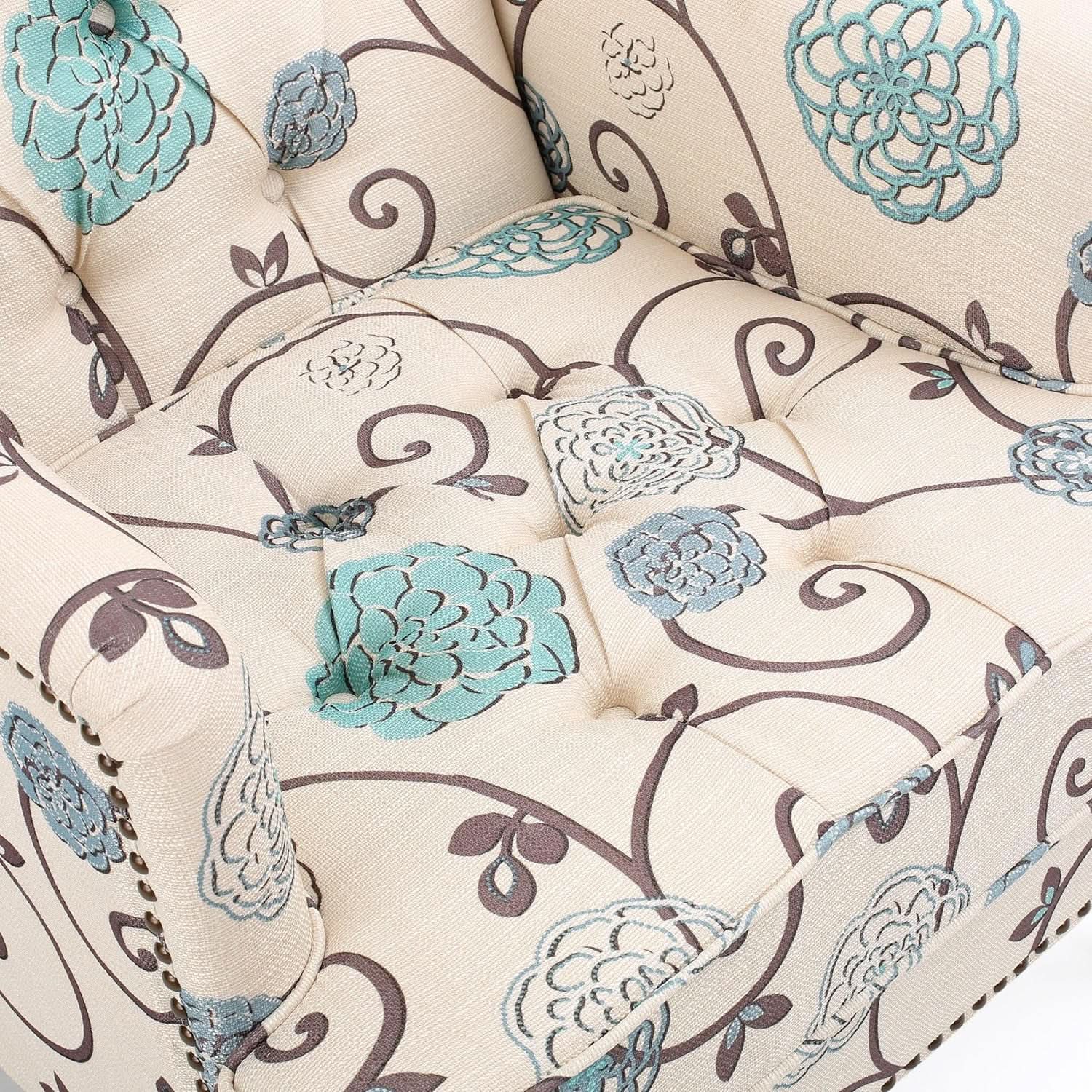 Floral Tufted Club Chair In White And Blue Polyester from PriceLows™
