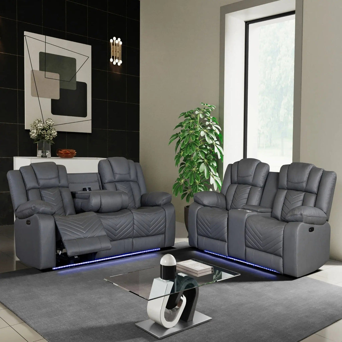 Raize Power Living Room Set With Storage Console And Cup Holders Reclining Sofa | Reclining Sofa & Loveseat | Fabric | Living Room