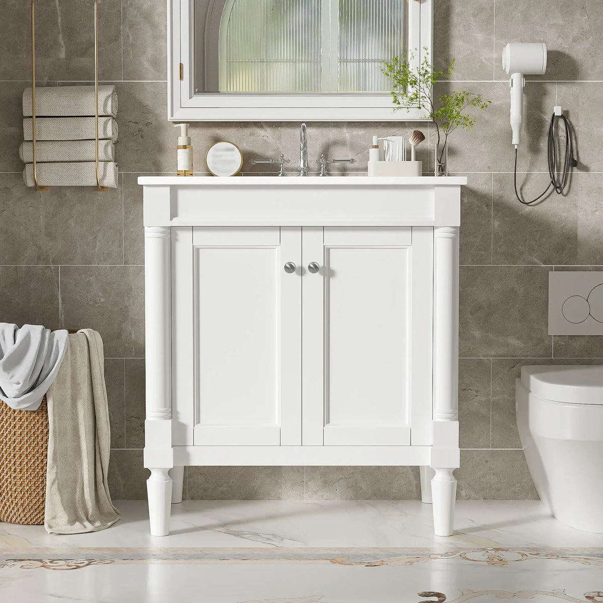 30 Inch Bathroom Vanity With Sink | Soft Close Doors | Carved French Detailing | Adjustable Shelf