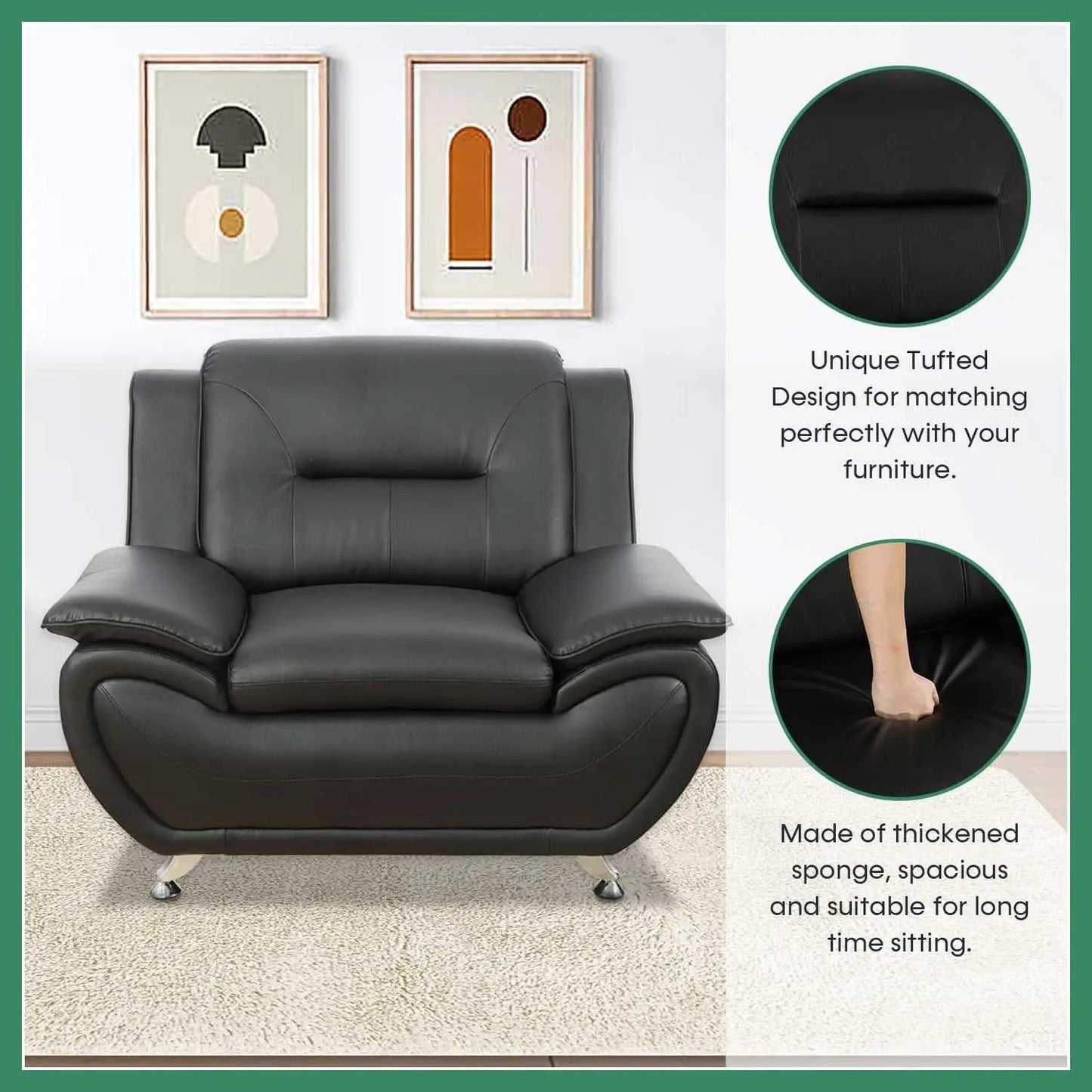 Leather Sofa Set 3 Piece Black Living Room Furniture from PriceLows™