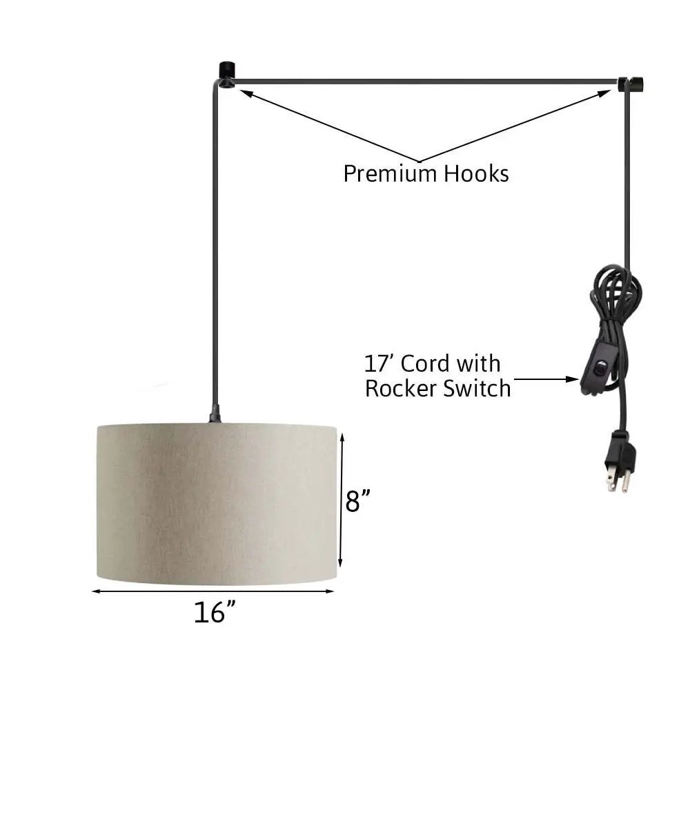 Swag Pendant Light | 16 Inch Linen Drum Shade | 17 Foot Cord | Black
