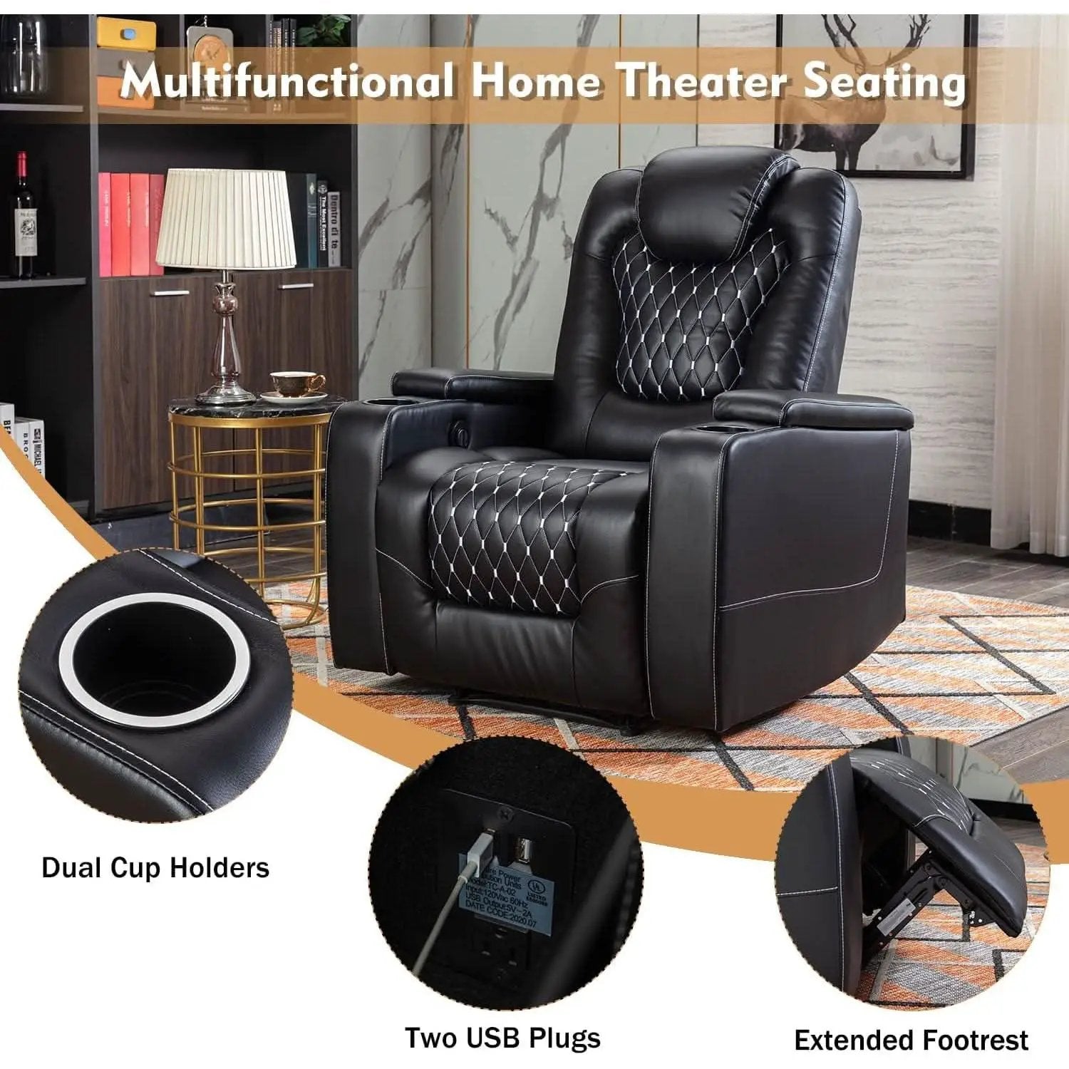 Black Power Recliner With USB Ports And Cup Holders from PriceLows™