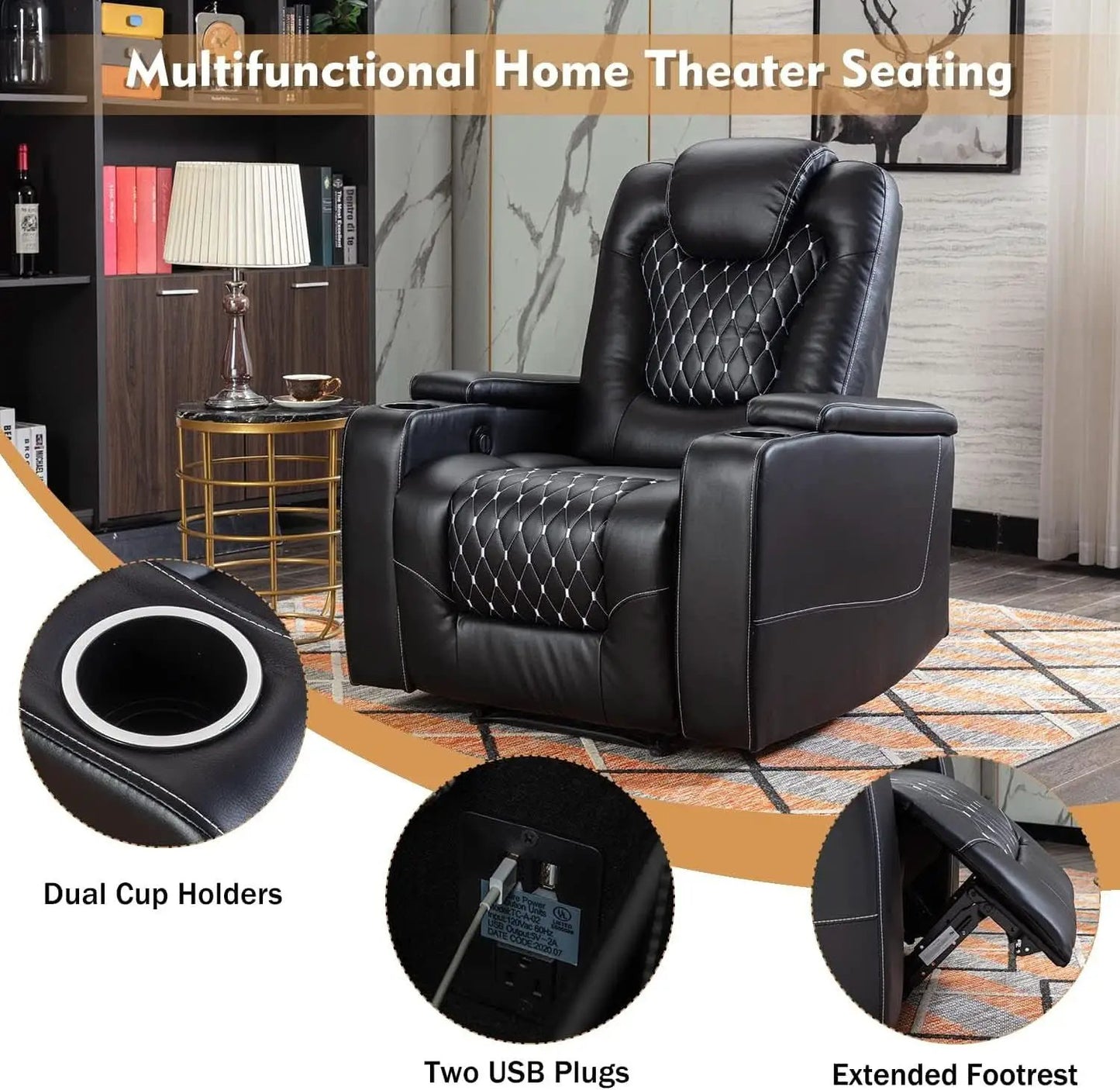Power Recliner Chair Set Of 3 Black Leather With USB Ports from PriceLows™