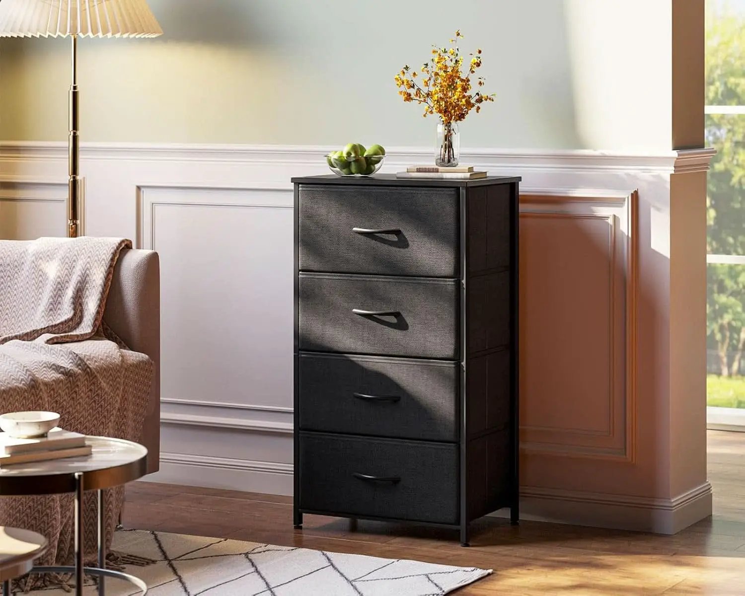 Black Textured Fabric Dresser With Four Deep Drawers from PriceLows™