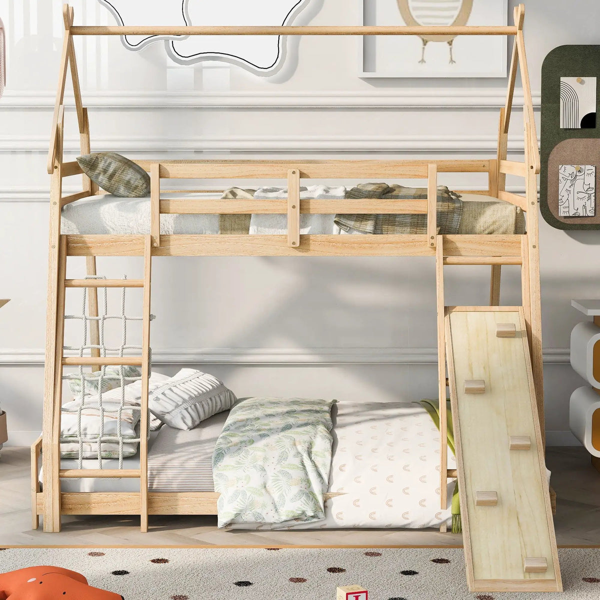House Bunk Bed | Twin Over Queen | Solid Pine | Climbing Net And Ramp