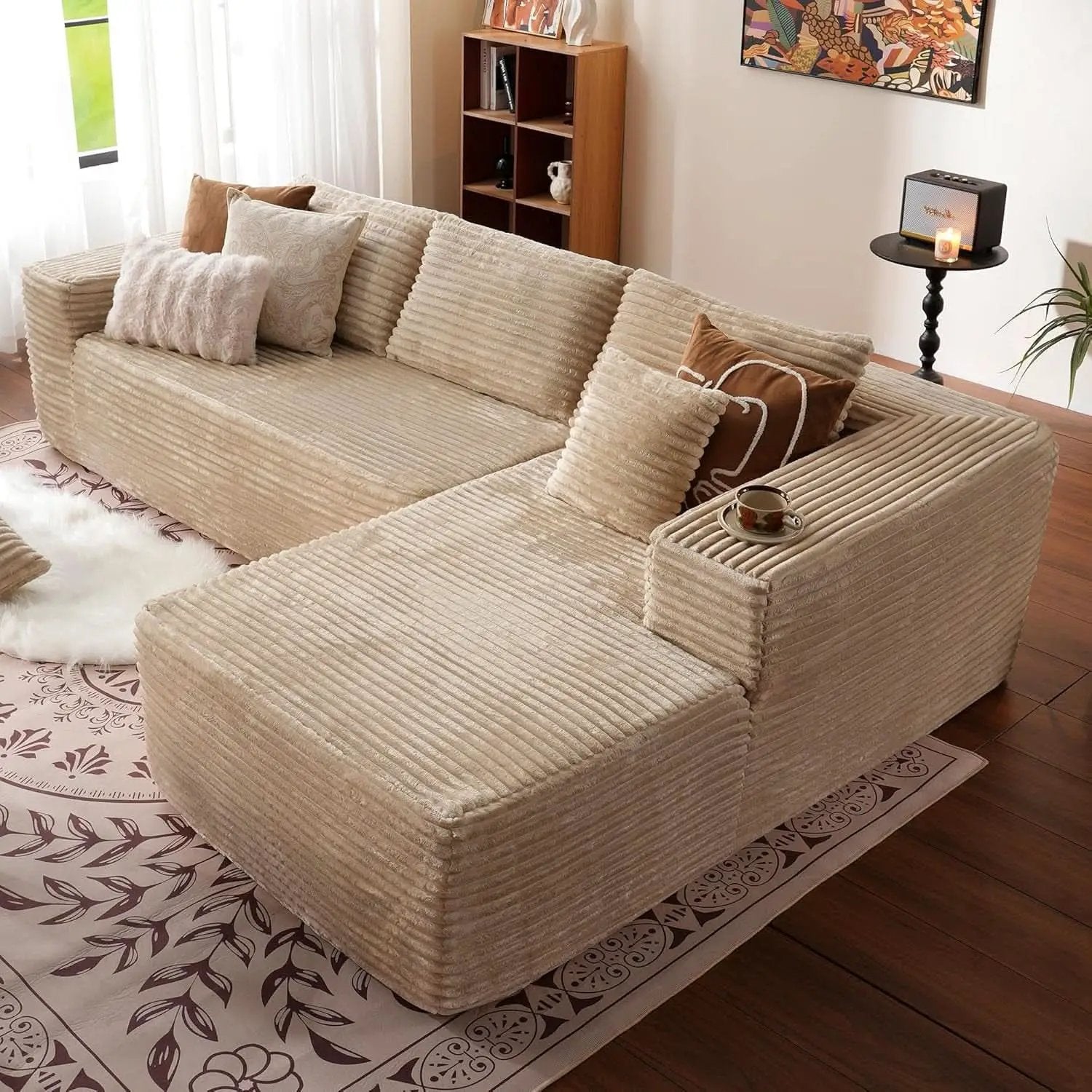 104 Inch Cloud Sectional Sofa Beige No Assembly Required Modern Upholstered Deep Seat Living Room from PriceLows™