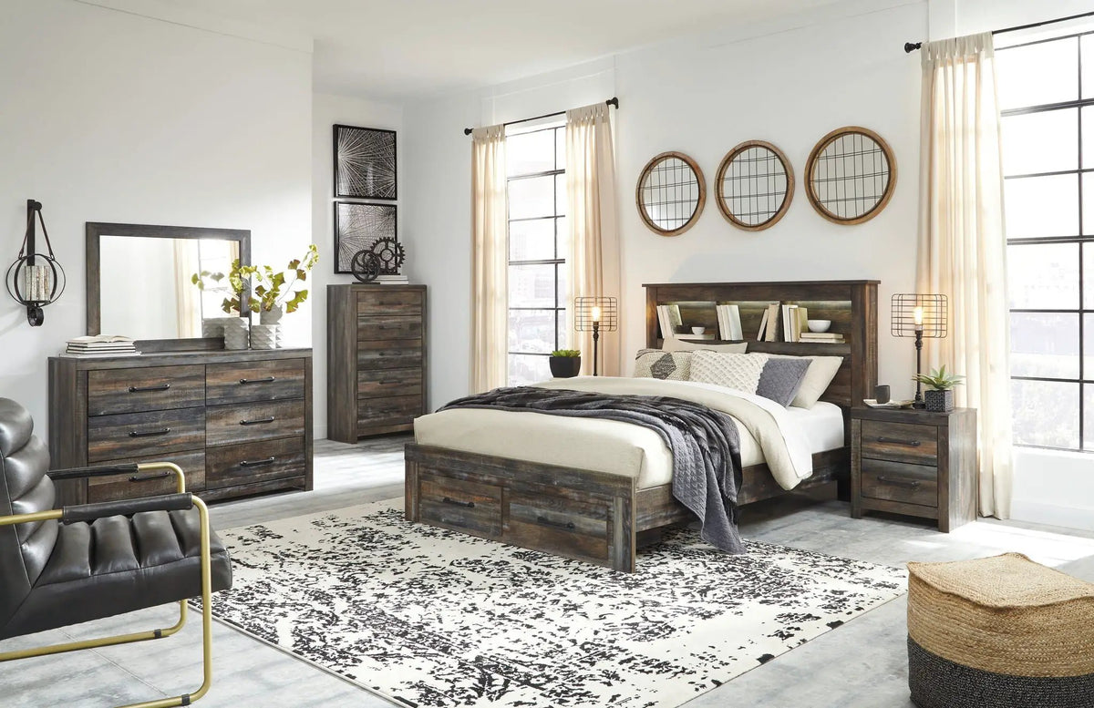 Drystan Panel Bookcase Bed | Storage Headboard | Rustic Industrial Style | 85 Inch Length