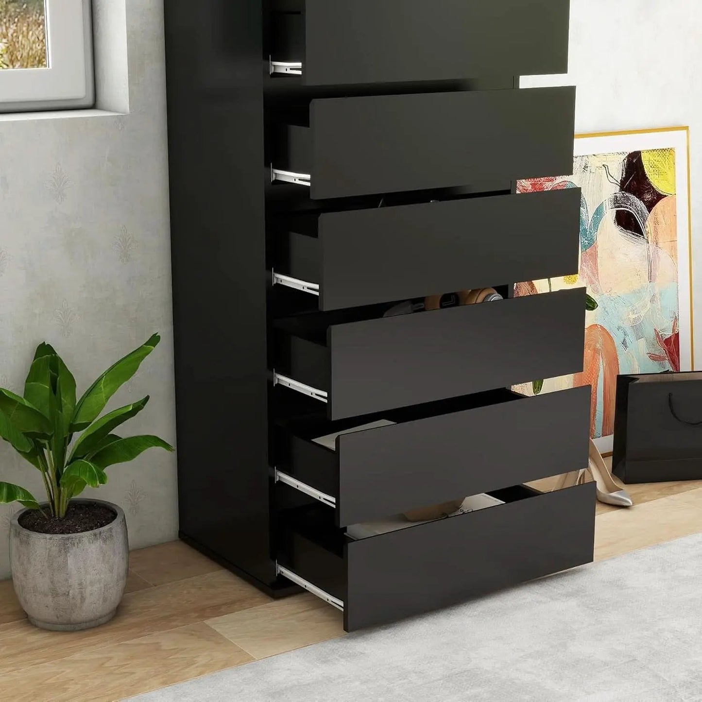 Black Handleless Dresser With 6-Drawer Storage Cabinet from PriceLows™
