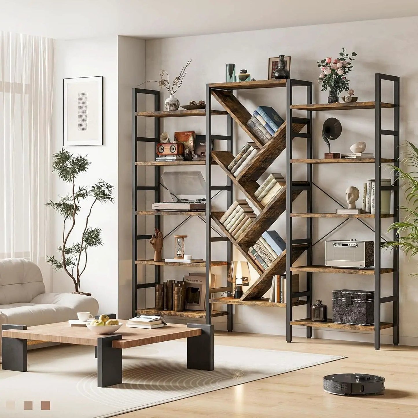Rustic Brown 5 Tier Wooden Bookcase With Metal Frame from PriceLows™