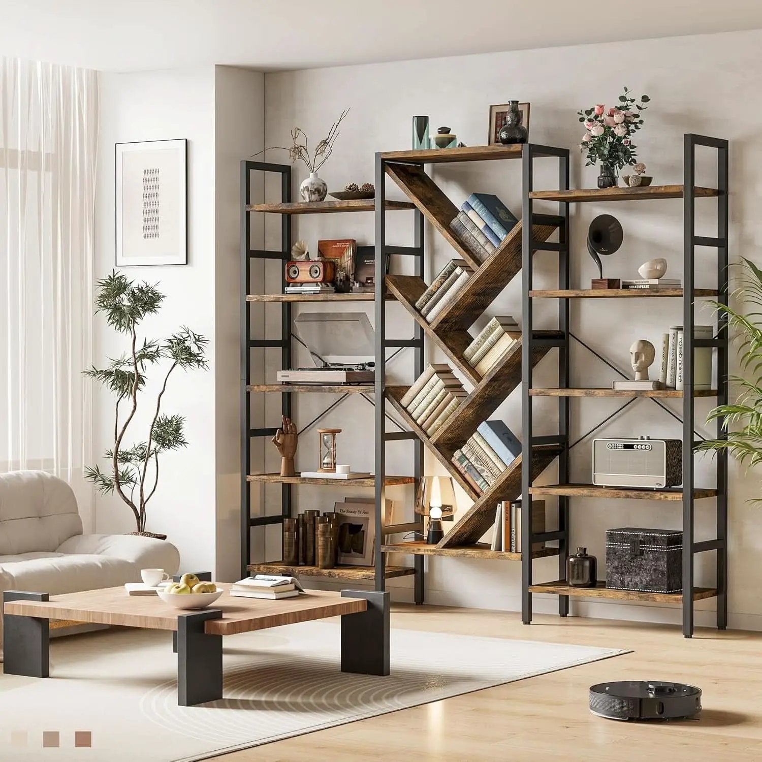 Rustic Brown 5 Tier Wooden Bookcase With Metal Frame from PriceLows™