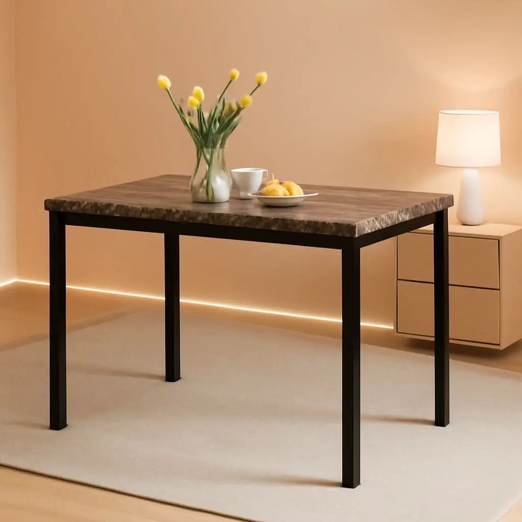 Black Metal Dining Table With Laminated Faux Marble Top from PriceLows™