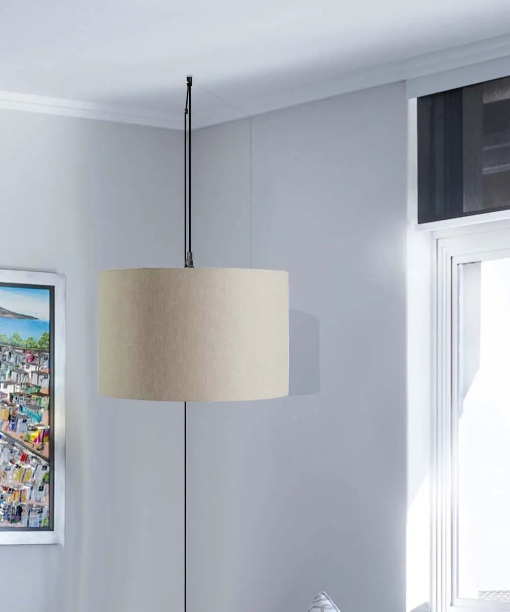 Swag Pendant Light | 16 Inch Linen Drum Shade | 17 Foot Cord | Black