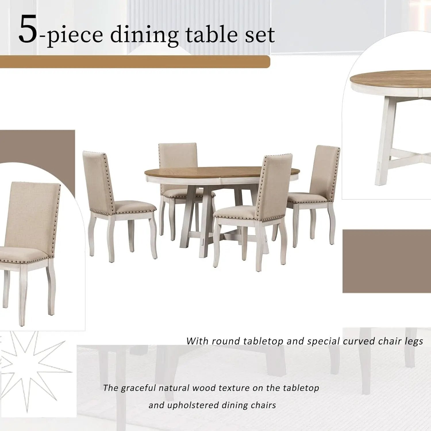 Farmhouse Round Extendable Dining Table Set Oak Finish with Upholstered Chairs from PriceLows™