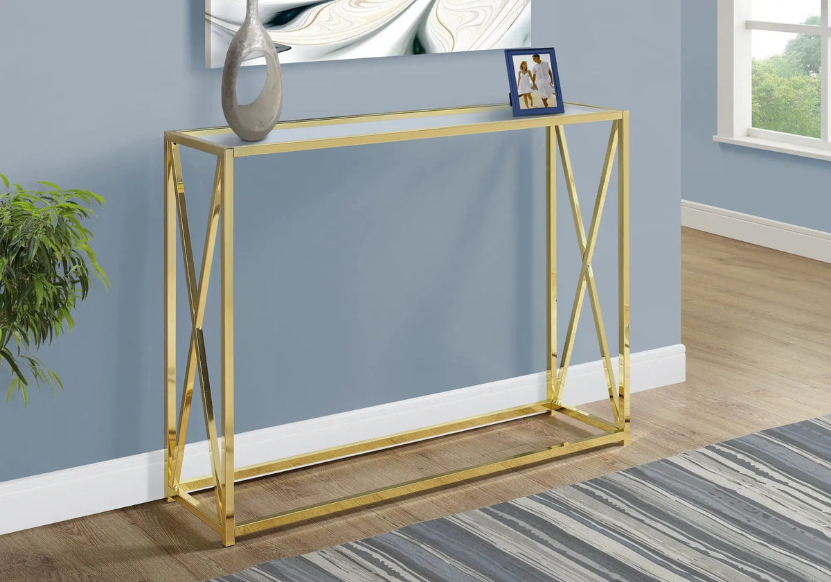 Gold Entryway Console Table | 42.25 Inch Width | Clear Tempered Glass Top | X-Design Metal Base