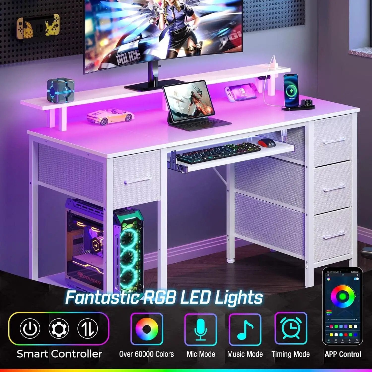 47.2 Inch White LED Desk With Power Outlets And Drawers from PriceLows™