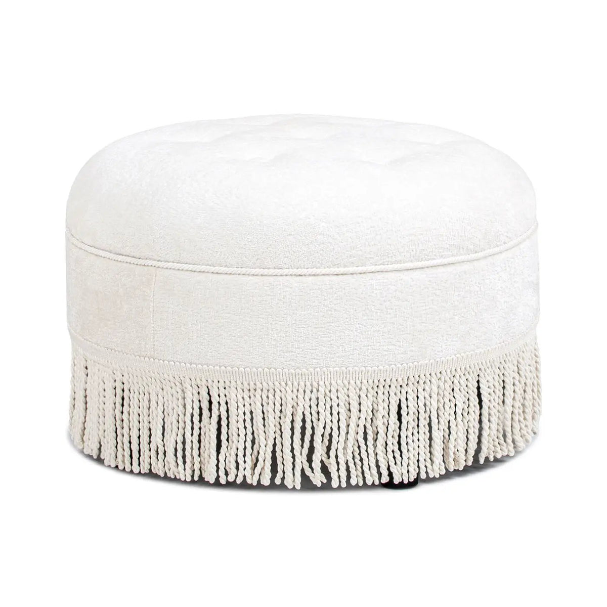 Yolanda Round Accent Ottoman | Almond White | Handcrafted Quality | Kiln-Dried Hardwood Frame